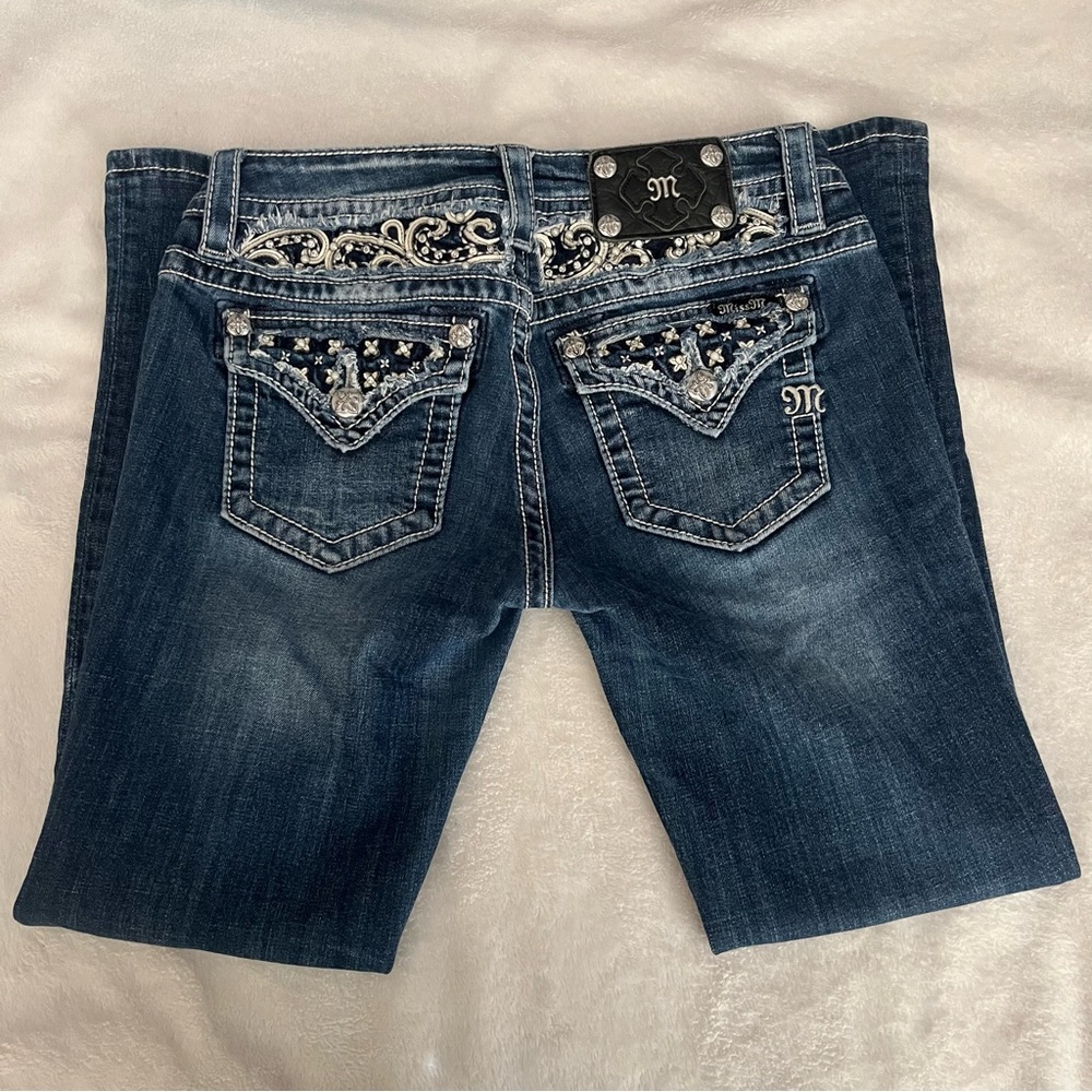 Miss Me Studded Embroidered Blue Denim Bootcut Jeans